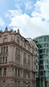 Prague, Czech Republic, August 4,2023. Stunning vertical format footage of the Dancing House or Fred and Ginger building.