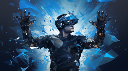Fototapeta premium A man wearing a virtual reality headset, his skin appearing to be composed of fragmented shards of glass, creating a striking and surreal visual impression. 