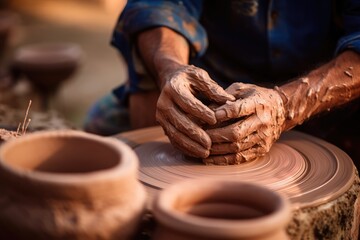 Close-up of hands making clay pots - obrazy, fototapety, plakaty