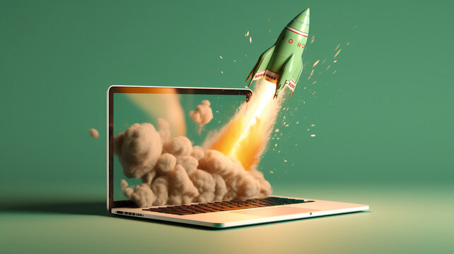 Cartoon 5d rocket shoots out of computer monitor. 