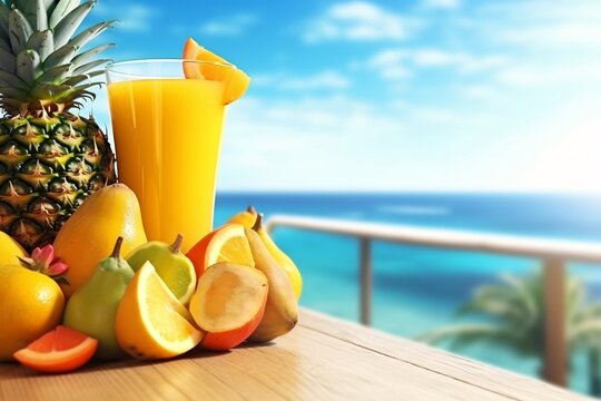 Tropical themed composition of exotic fruits. Tropical fruits against a background of blue sky and ocean. Tropical fruit juices and cocktails.