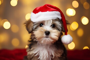 Christmas puppy dog in Santa Claus hat