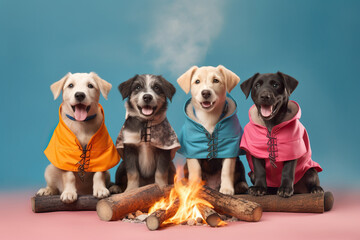 several cute happy baby dog dressed as Boy Scouts sit by the fire
