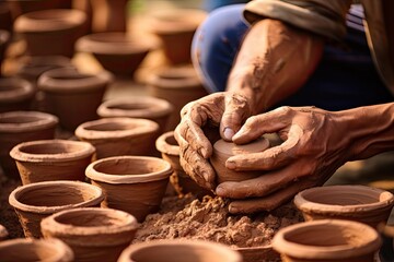 Fototapeta na wymiar Close-up of hands making clay pots