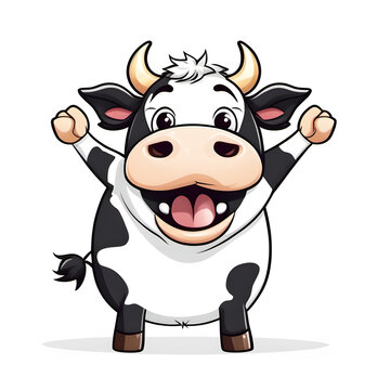 Cute Comic Cow Cheering, Cartoon, Isolated with White Background