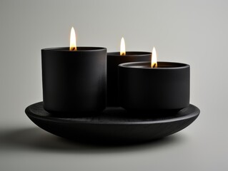 Three black candles sitting on top of a plate. Funeral symbols.
