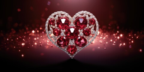 A red heart shaped diamond brooch on a dark background.