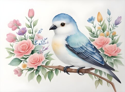 Blue and white bird on the branch. Watercolor painting. Generative AI