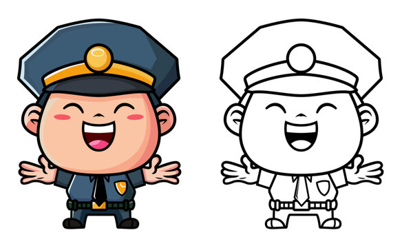 Happy Policeman, security guard cartoon vector illustration, Happy policeman with a smile colored and black and white line drawing vector image