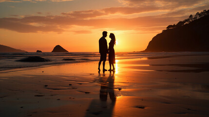 Fototapeta na wymiar Silhouette of a couple on the beach at sunset
