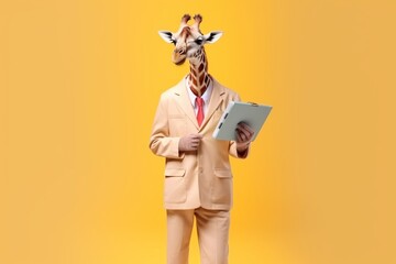 happy cute giraffe holding papers as a manager - obrazy, fototapety, plakaty