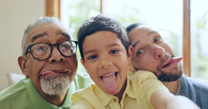 Happy family, selfie and tongue out with boy child, father and grandparent bonding in their home together. Emoji, portrait and kid with parent, grandpa and crazy profile picture with funny expression