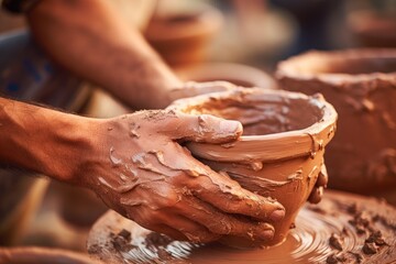 Close-up of hands making clay pots