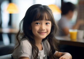 Young Asian Girl Smiling Happily in a Restaurant - Joyful Dining Experience