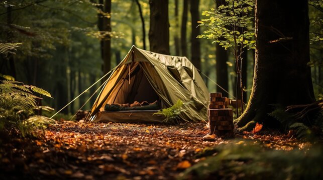 Camping tent campground in outdoor forest, nature background summer trip camp travel adventure vacation