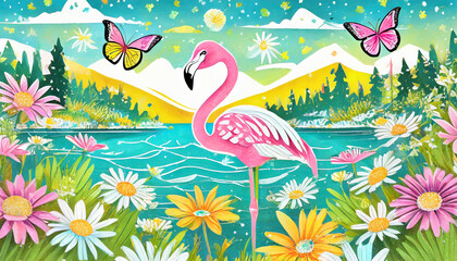 Flamingo in a lake with daisies and butterflies. Generative AI
