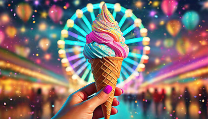 Fairground illustration. Ice cream with Ferris wheel in the background. Amusement park. Generative AI