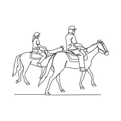 One continuous line drawing of people riding the horse. A jockey is someone who rides a horse in a race. Riding the horse in simple linear style vector illustration. Suitable design for your asset.