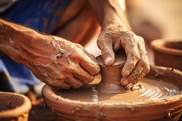 Close-up of hands making clay pots