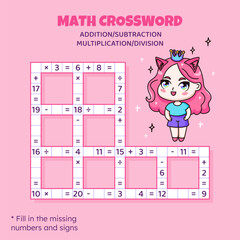 Math Crossword puzzle for kids. Addition, subtraction, multiplication and division