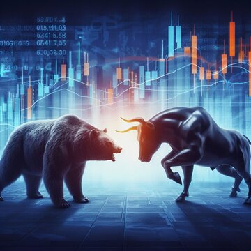 Stock market bears and bulls are fighting in front of stock market graphics - 3D illustration