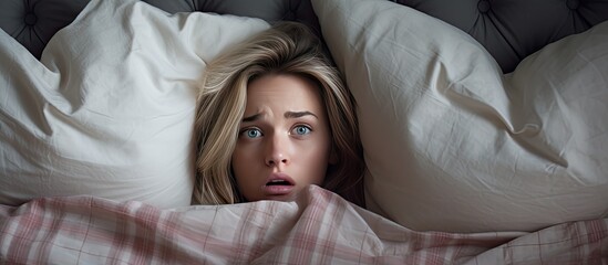 Woman in bed with emotional distress pouting with pillow covering head and ears