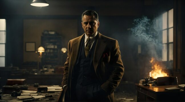 Portrait of a gangster of the 1930 or 1940 in a burning demolished room. Portrait in film noir style. Generative AI.