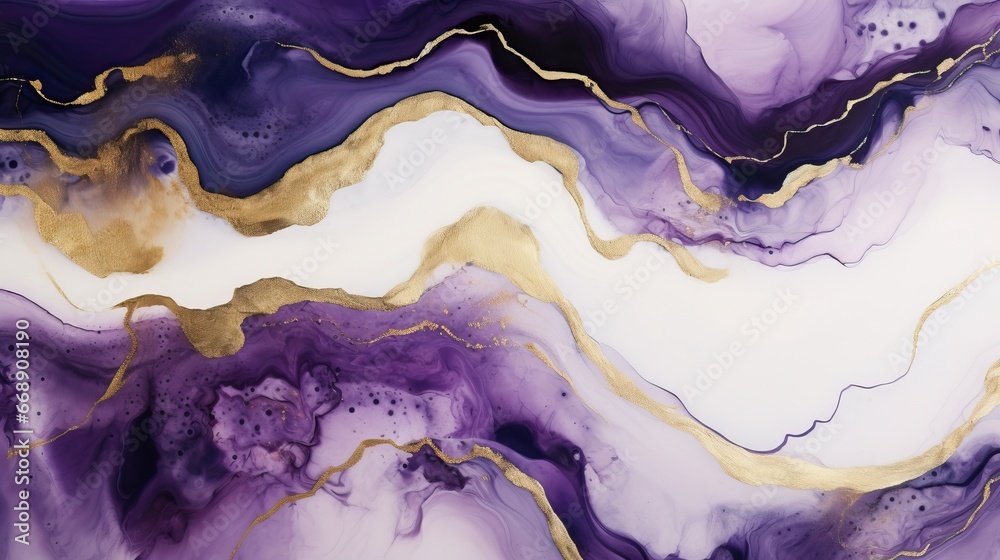 Poster Abstract fluid art on white background with dark purple and gold colors