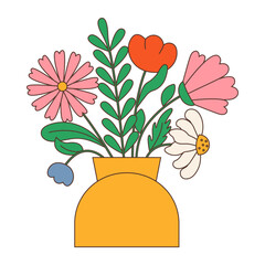 Retro flowers vector flat illustration. Psychedelic groovy element. Bouquet of flowers in naive style.