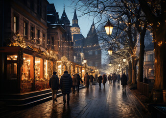Time stands still in this snowy cityscape, evoking feelings of nostalgia and warmth - obrazy, fototapety, plakaty