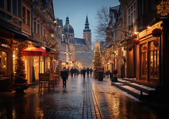 Fototapeta na wymiar A winter wonderland unfolds in a charming old city, beckoning viewers to its magical embrace