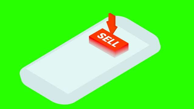 Animated sell button with red arrow on green background.
