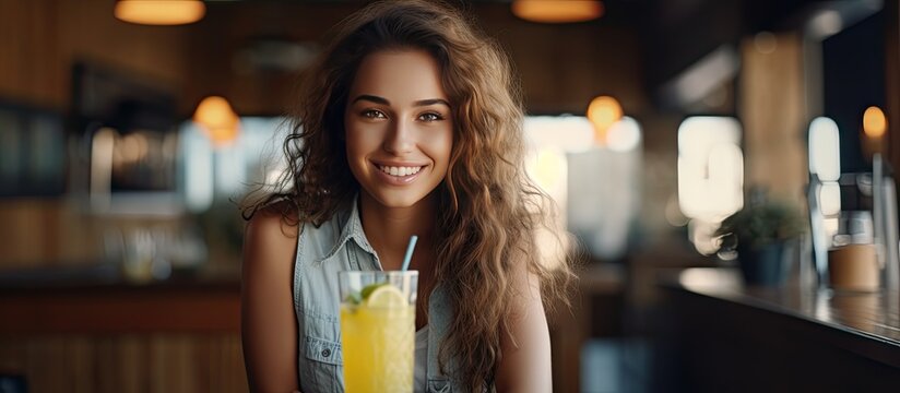 Female patron enjoying lemonade at cafe