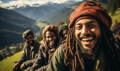 Fototapeta premium Smiling men enjoying mountain scenery in dreadlocks