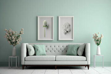 Grey sofa, pictures on wall and plants, concept of Comfort