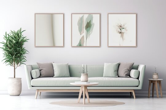 Grey sofa, pictures on wall and plants, concept of Comfort