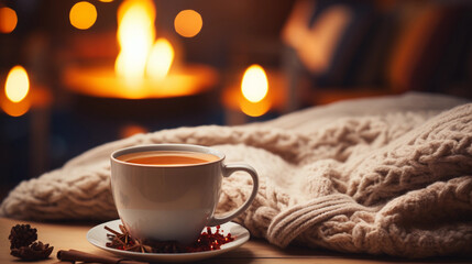 Obraz na płótnie Canvas cozy fireplace in winter with a mug of tea