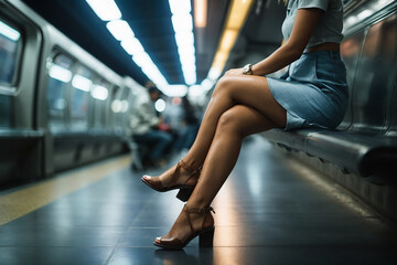 angle of woman's legs sitting subway bench, light background, bluish lighting, generative IA