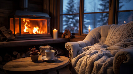 Fototapeta premium cozy fireplace in winter with a mug of tea