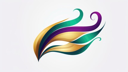 A purple, green, and gold feather on a white background. Mardi Gras decorative element.