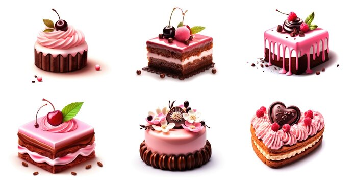 A bunch of cakes that are on a table. Clipart on white background.