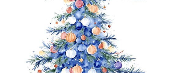 Hand drawn watercolor Thanksgiving Christmas tree with decorations for holiday season blue theme background from Generative AI