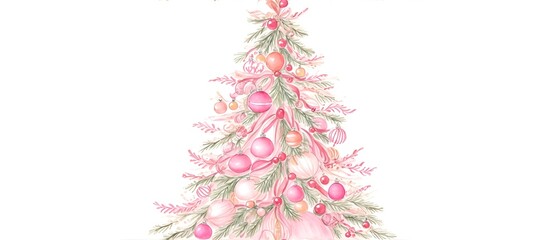 Hand drawn watercolor Thanksgiving Christmas tree with decorations for holiday season pink theme background from Generative AI