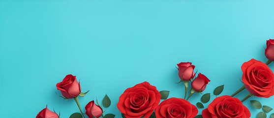 Red roses bouquet on a plain teal pastel background from Generative AI