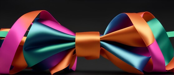 Shiny colorful satin bow and ribbon on plain black background from Generative AI