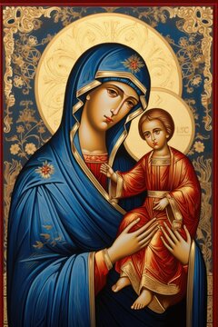 A painting of a woman holding a child. Orthodox Christian Mother Mary with child Jesus.
