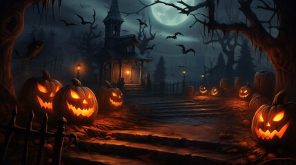 Halloween pumpkin garland glowing in the dark - obrazy, fototapety, plakaty
