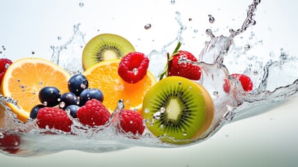 A splash of water on a variety of fruits.