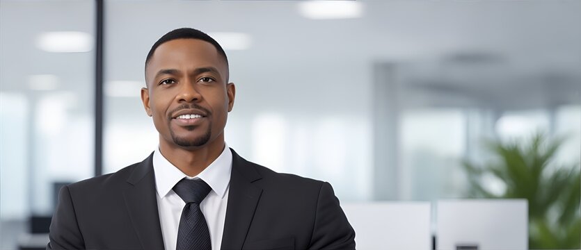 Black business man standing with arms crossed on blurred office background from Generative AI