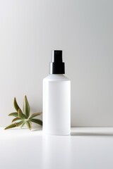 Blank Lotion Bottle with a Plant on a White Surface Against a White Wall Background